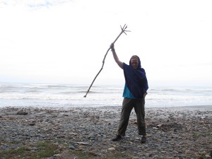 Living a bit of fantasy: Janey of the Twin Top-Knots. A magnificent wizards staff I found amongst the driftwood at the beach with the Top Knot Twins, sort of sad that I couldnt take it home with me. I believe in magic... (Photo by Monika)