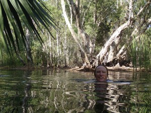 Taking a dip in Bitter Springs, a thermal spring just off the Stuart Highway. A very pleasant detour indeed.